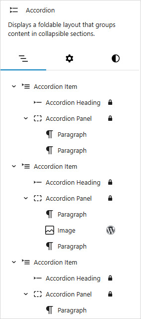 accordion block structure in the accordion block content sidebar