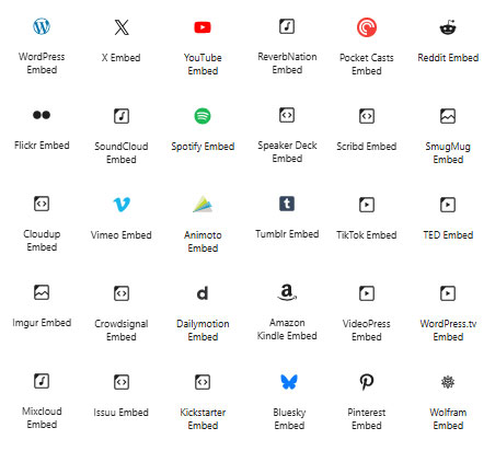 The embed block can embed content from a large number of sites and platforms - WordPress, X, YouTube, Flickr, Vimeo, Reddit, SoundCloud...