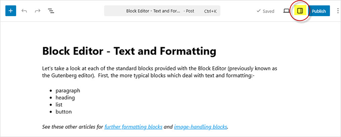 WordPress block editor select the settings sidebar